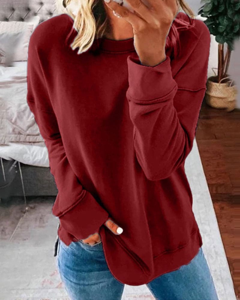 Women's Relaxed Crew Neck Sweatshirt with Ribbed Cuffs