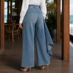Dambyxor i denim med hög midja, vida ben och omlott