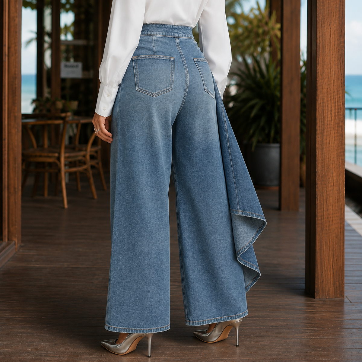 Women's High Waist Wide Leg Wrap Denim Pants