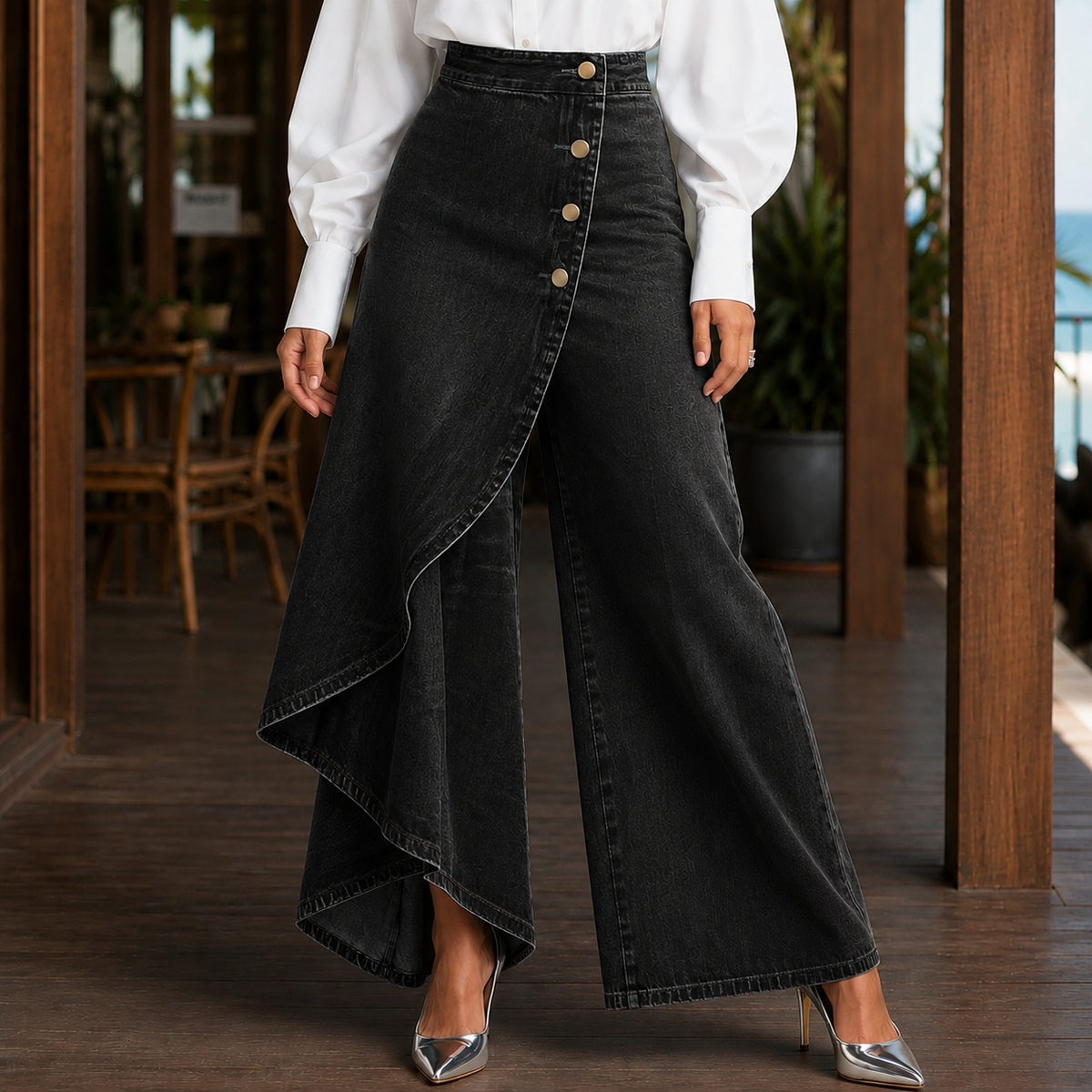 Women's High Waist Wide Leg Wrap Denim Pants