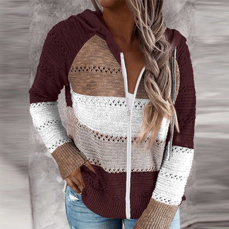 Randig stickad hoodie för kvinnor med dragkedja och dragsko i huvan